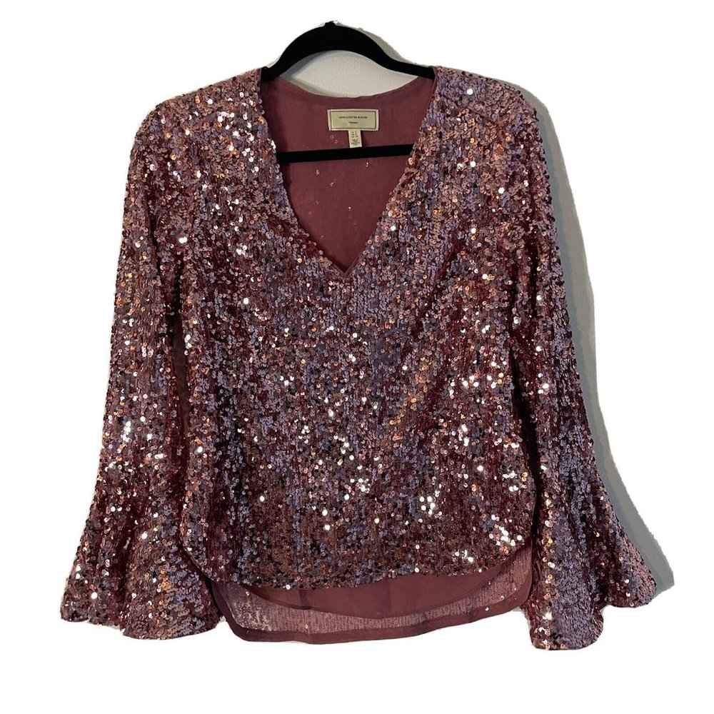 Anthropologie Moulinette Soeurs Sequined Bell Sleeve Top Pink Rose Sz 2 Sparkly